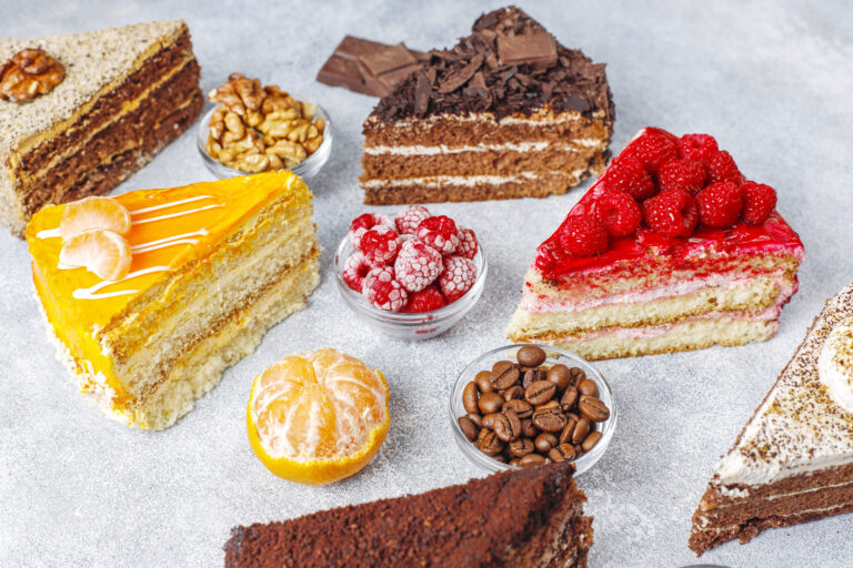 Assortment of pieces of cake.